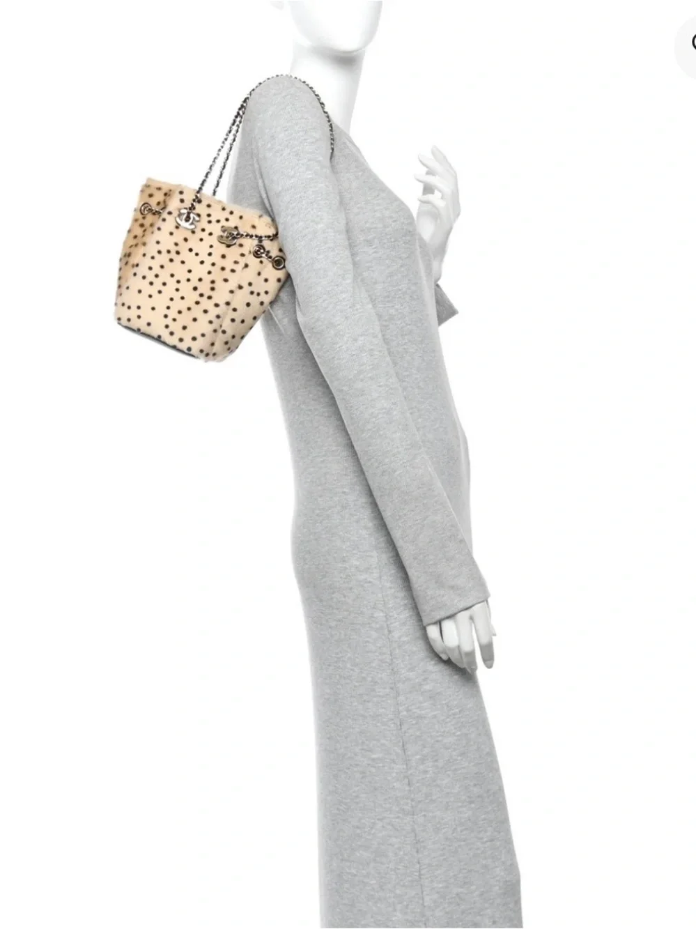 2026 Chanel Pony Hair Cheetah Fur Bucket Bag with Chain Straps - Beige/Black